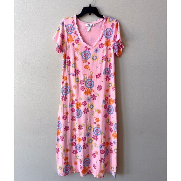 Vintage 90s Fresh Produce Pink Floral Cotton Midi Dress Small V-Neck USA Made - Picture 3 of 5